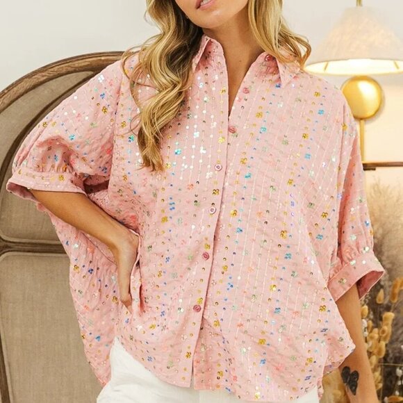 BiBi Sequin Striped Short Dolman Sleeve Blouse - Picture 3 of 14